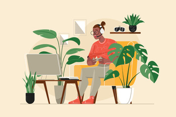 Poster - Gaming yellow concept with people scene in the flat cartoon design. The boy plays computer games on the x-box. Vector illustration.