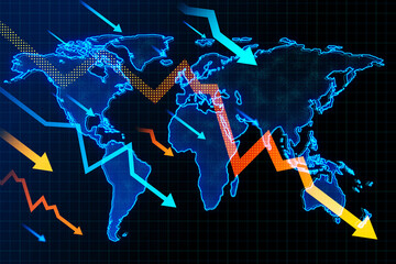 Poster - Downward falling arrows with map on dark backdrop. Stock or financial market crash, crisis concept. 3D Rendering.