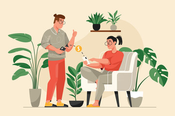 Aufkleber - Money transfer yellow concept with people scene in the flat cartoon design. A man gives money to a woman through online banking. Vector illustration.