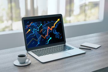 Poster - Close up of laptop on wooden office desktop with coffee cup and growing arrows and map on screen. Blurry window with city view background. Growth, success and money concept. 3D Rendering.