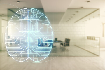 Poster - Virtual creative artificial Intelligence hologram with human brain sketch on a modern furnished office background. Multiexposure
