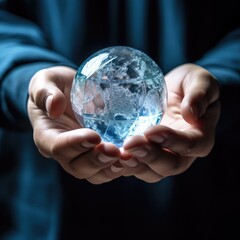 Leinwandbilder - Businessman hand holding a glass ball,globe on the human hands ,AI generated.