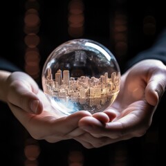 Leinwandbilder - Businessman hand holding a glass ball,globe on the human hands ,AI generated.