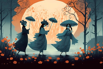 AI generated illustration of female ghosts in dark dresses with creepy faces passing by flowers in garden with umbrellas in hands in evening