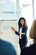 © Daniel Laflor/peopleimages.com - Presentation whiteboard, meeting and portrait of woman, mentor or leader planning, coaching or training onboarding group. Workshop, coach and boss giving proposal, report or teaching business people