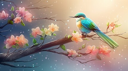A spring rain scene, raindrops falling on the blooming flowers, a rainbow appearing in the sky, a small bird perched on a branch, capturing the freshness and renewal of the season, Generative AI