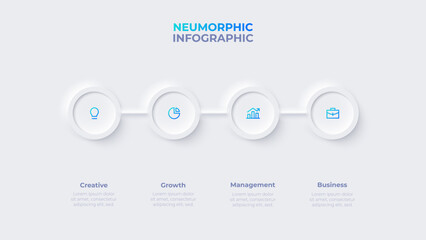 Poster - Four circles placed in horizontal row. Concept of 4 steps of marketing strategy. Neumorphic infographic design template