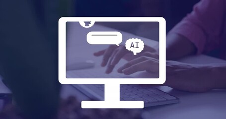 Poster - Animation of ai text, icons and data processing over woman using computer