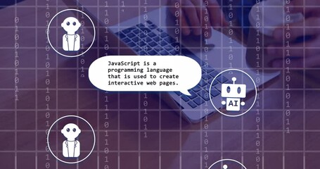 Poster - Animation of ai text, icons and data processing over caucasian man using laptop