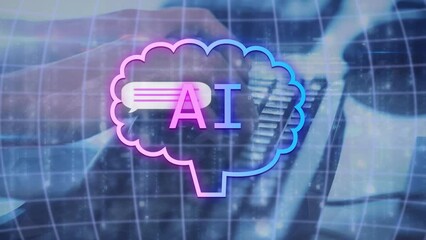 Poster - Animation of ai text, icons and data processing over caucasian man using computer