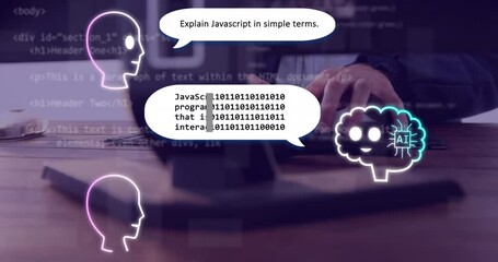 Poster - Animation of ai text, icons and data processing over caucasian man using computer