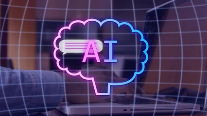 Poster - Animation of ai text, icon and data over african american man using laptop