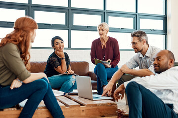 Poster - Business people, creative meeting and teamwork for collaboration, planning or strategy at office. Group of employee workers in team discussion, project plan or brainstorming for startup at workplace