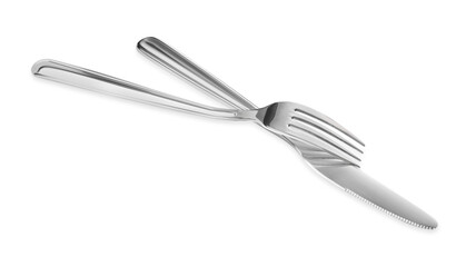 Fork and knife isolated on white. Stylish shiny cutlery set