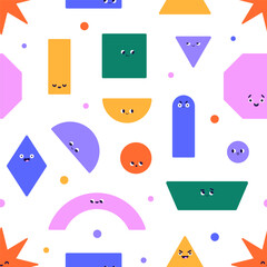 Poster - Cute geometric shapes, seamless pattern. Geometry characters with emotions, face expressions. Endless kids background, childish figures, repeating print. Colored flat graphic vector illustration