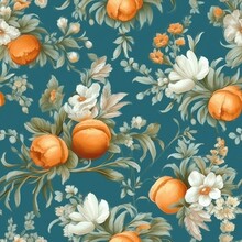 Vintage Orange Flowers Seamless Wallpaper Pattern Baroque Style Teal Blue, Pastel, Fruit, Leaf