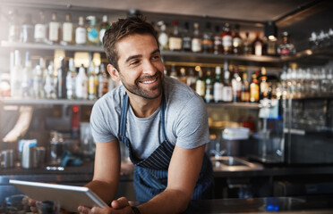Poster - Smile, thinking and a barista with a tablet at a cafe for online orders and communication. Happy, ideas and a male pub manager or bartender with technology for an app, connection and ordering stock
