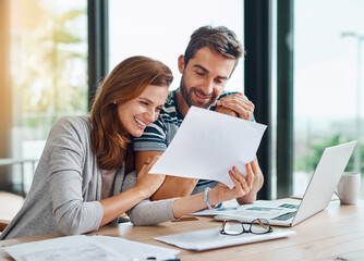 Poster - Documents, finance and couple planning budget for tax, bills and savings on laptop with banking, online payment and investment. People, paperwork and happy conversation on financial growth strategy