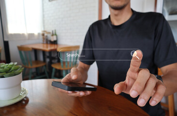 Poster - SEO, Search Engine Optimization concept. Young men use smartphones to find what they are interested in. Smart search, Searching information data on internet networking concept.