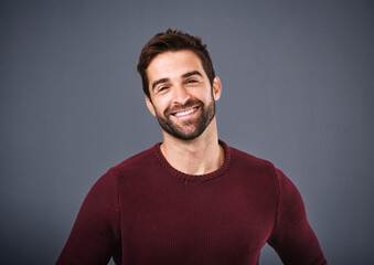 Poster - Happy, handsome or headshot portrait of a man isolated on studio background with confidence or smile. Model, mock up space or face of male person smiling with happiness or positive mindset in Italy