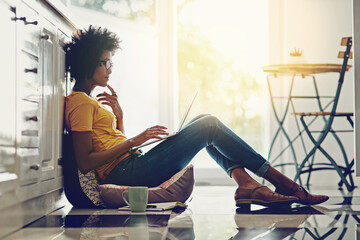 Poster - Relax, laptop and thinking with black woman on floor for freelancer, remote work and study. Technology, website and networking with female student at home for blog, email and social media