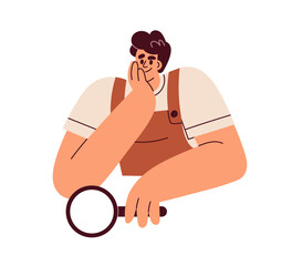 Aufkleber - Happy curious person with magnifying glass, lens. Researcher with magnifier, explorer. Curiosity, interest, analysis concept. Student with loupe. Flat vector illustration isolated on white background