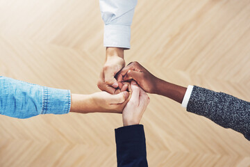 Poster - Teamwork, link or hands of business people in support for faith, community or strategy in startup office. Vision, above or employees in group collaboration with hope or mission for goals together