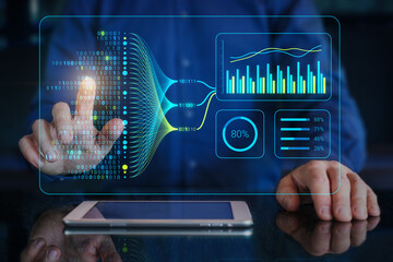 Wall Mural - Data analytics and insights powered by big data and AI technologies. Data scientist analysing complex information with artificial intelligence for business analytics dashboard with charts and metrics.