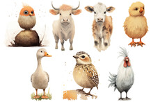 Watercolor Set Of Cute Baby Chicken, Bull, Goose, Quail, Calf, Bird, Rooster Safari Animals. Cartoon Animal For Decoration Design. Cute Animals Vector Set. Hand-drawn Watercolor Illustration
