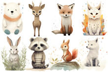 Watercolor Set Of Cute Baby Fox, Bear, Wolf, Lynx, Squirrel, Deer, Rabbit, Raccoon Safari Animals. Cartoon Animal For Decoration Design. Cute Animals Vector Set. Hand-drawn Watercolor Illustration