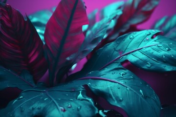 Wall Mural - art purple jungle style plant leaf tropical exotic neon background night. Generative AI.