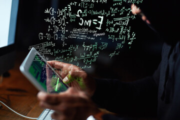 Poster - Coding, man hands and tablet hacking, software malware and password code in dark room, night or math overlay. Online crime, cyber hacker or programmer person with digital technology and data hologram