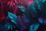 tropical jungle purple light art background neon night leaf exotic plant. Generative AI.