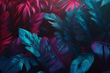 Tropical Jungle Purple Light Art Background Neon Night Leaf Exotic Plant. Generative AI.