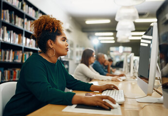 Aufkleber - College, woman and computer in library for learning, education and research website for knowledge. Young university student, desktop and studying online for test, technology and internet information