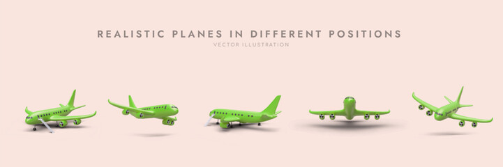 Large set of 3D planes in different positions, with shadows. Airplane is flying, landing, on ground, during boarding of passengers. Bright illustrative material on topic of air travel