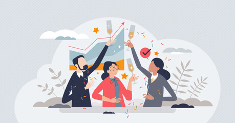 Satisfaction and success with business achievement tiny person concept. Joy and positive emotions after profit and financial growth vector illustration. Partnership and professional teamwork job.