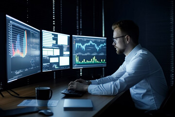 Poster - Side view of young businessman working on computer in dark office. Mixed media. Generative AI