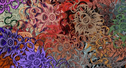 Wall Mural - Abstract psychedelic fractal background of stylized watercolor illustration, colored chaotically blurred spots and paint strokes of different sizes and shapes