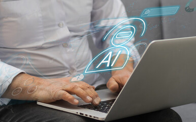 Poster - Artificial intelligence AI and CRM software automation technology.business use AI smart technology sales reports recording the sale of goods and making tax invoice. Robotic Process Automation RPA