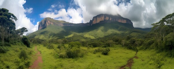 Wall Mural - Mountain landscape with blue sky and white clouds in Venezuela. Generative ai view