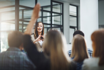 Poster - Woman speaker at seminar, audience with hands up for questions and answers at training presentation or meeting. Feedback, opinion and ideas, group of people at conference, hand in air and question.
