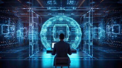 Fototapete - A businessman is sitting at a computer, working on a computer.Generative AI