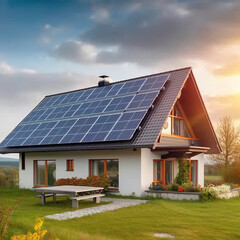 Sustainable house in the country, which provides itself with electricity from photo voltaic panels and wind turbines. Ecological house.