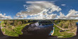 aerial full seamless spherical hdri 360 panorama view over dam lock sluice on lake impetuous waterfall with beautiful clouds in equirectangular projection, VR content