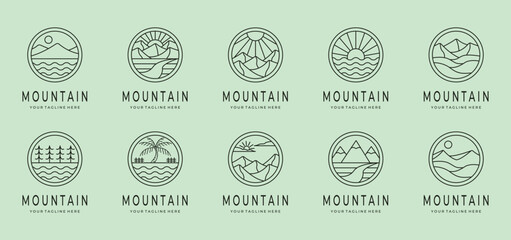 set bundle collection various mountain icon logo vector symbol illustration design, mountain landscape line art design