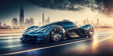 Poster - futuristic electric car, super car driving on city highway road with motion blur. distinct generativ