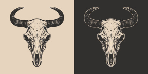 Set of vintage retro scary spooky cow bull skull head skeleton. Cowboy Native American. Can be used like emblem, logo. Monochrome Graphic Art. Vector. Hand drawn element in engraving