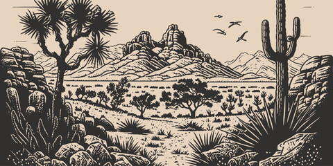 Mountain desert texas background landscape. Wild west western adventure explore inspirational vibe. Graphic Art. Engraving Vector