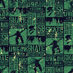 Splatted urban skateboarding silhouette  wallpaper vector seamless pattern for kids street wear grunge effect in separate layers 